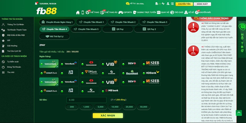 Các phương thức nạp tiền Fb88 đang hỗ trợ thành viên