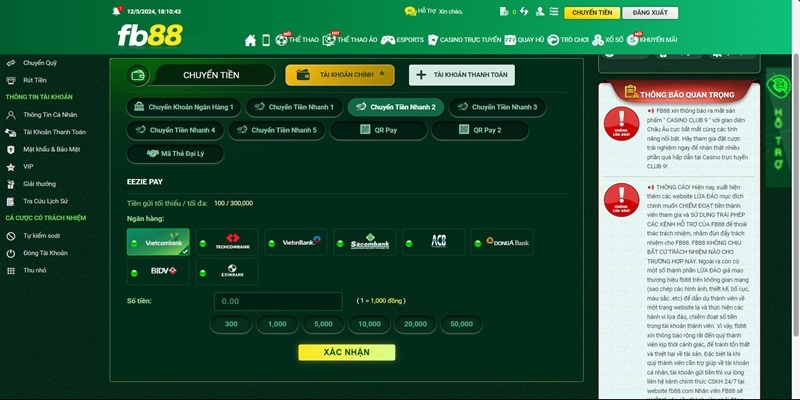 Hướng dẫn thao tác chung cho các phương thức nạp tiền Fb88